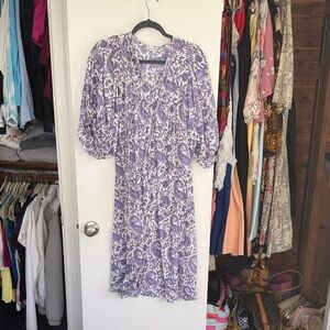 Lavender Floral Midi Dress with Puff Sleeves - Women